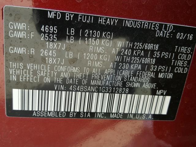 4S4BSANC1G3312828 - 2016 SUBARU OUTBACK 2. RED photo 10