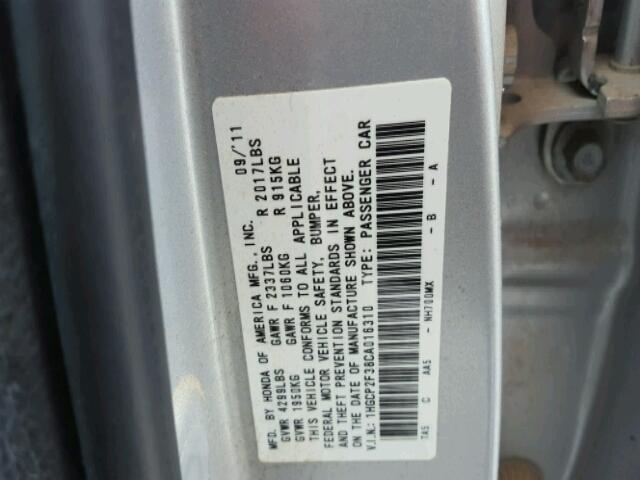 1HGCP2F38CA016310 - 2012 HONDA ACCORD LX SILVER photo 10