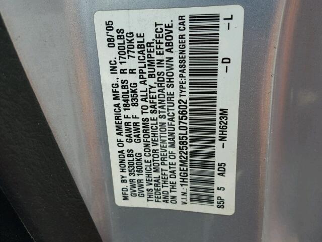 1HGEM22585L075602 - 2005 HONDA CIVIC LX SILVER photo 10