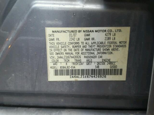 1N4AL21E67N426926 - 2007 NISSAN ALTIMA 2.5 GRAY photo 10