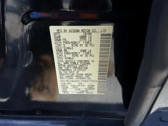 5N1AR18W45C704759 - 2005 NISSAN PATHFINDER BLACK photo 10