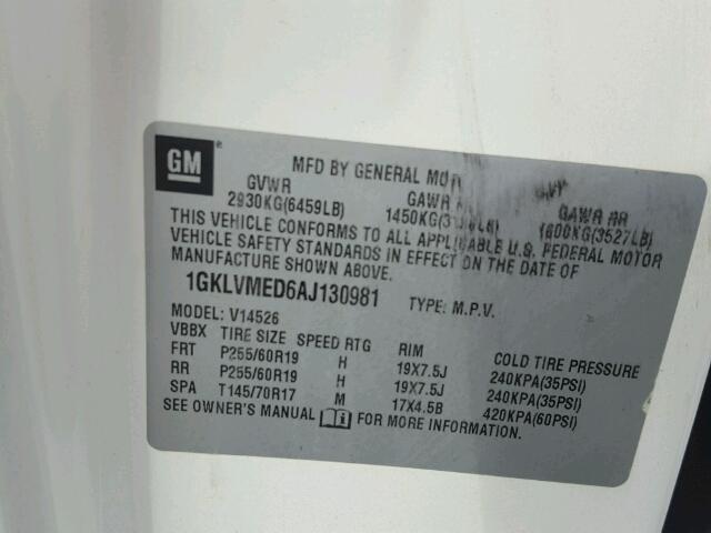 1GKLVMED6AJ130981 - 2010 GMC ACADIA SLT 白色 照片 10