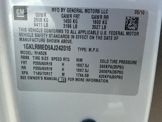 1GKLRMED9AJ242016 - 2010 GMC ACADIA SLT ვერცხლისფერი ფოტო 10