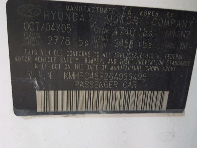 KMHFC46F26A036498 - 2006 HYUNDAI AZERA SE WHITE photo 10