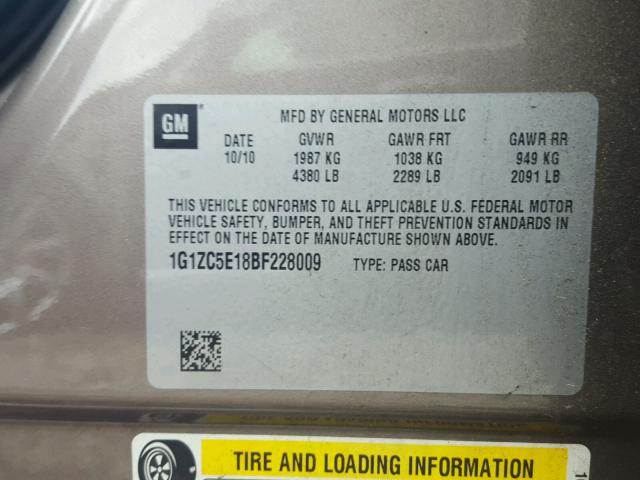 1G1ZC5E18BF228009 - 2011 CHEVROLET MALIBU 1LT ყავისფერი ფოტო 10