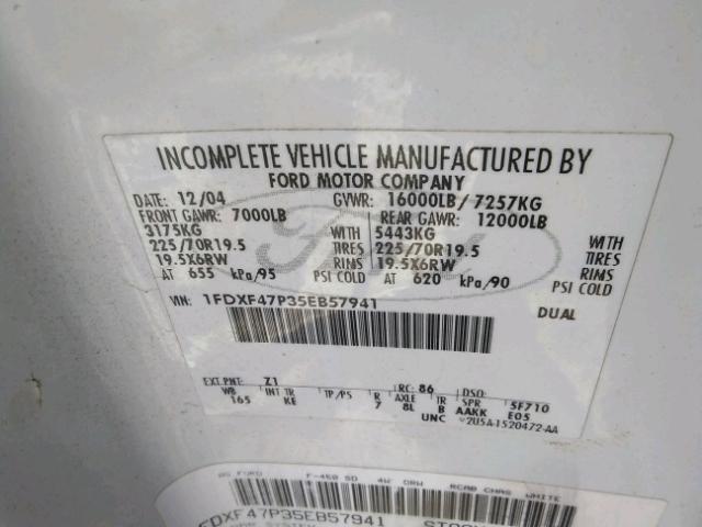 1FDXF47P35EB57941 - 2005 FORD F450 SUPER WHITE photo 10