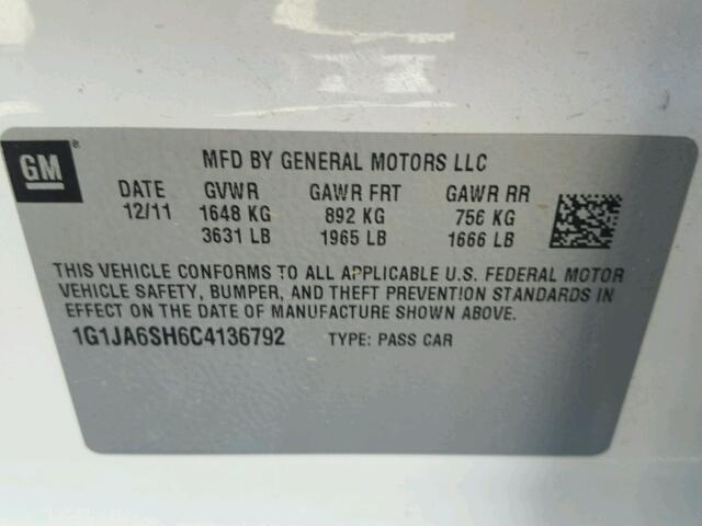 1G1JA6SH6C4136792 - 2012 CHEVROLET SONIC LS 白色 照片 10