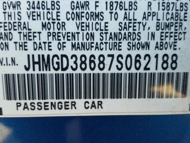 JHMGD38687S062188 - 2007 HONDA FIT S 蓝色 照片 10