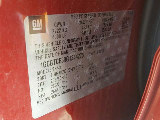 1GCGTCE39G1244275 - 2016 CHEVROLET COLORADO L RED photo 10