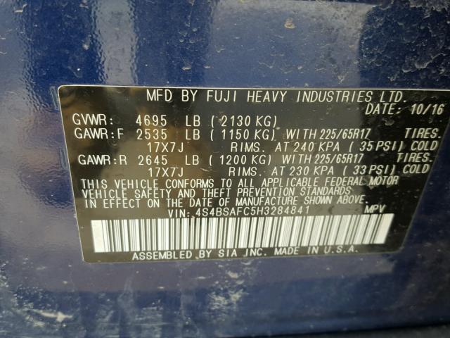 4S4BSAFC5H3284841 - 2017 SUBARU OUTBACK 2. BLUE photo 10