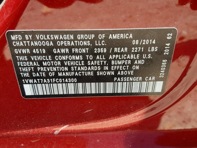 1VWAT7A31FC014300 - 2015 VOLKSWAGEN PASSAT S RED photo 10