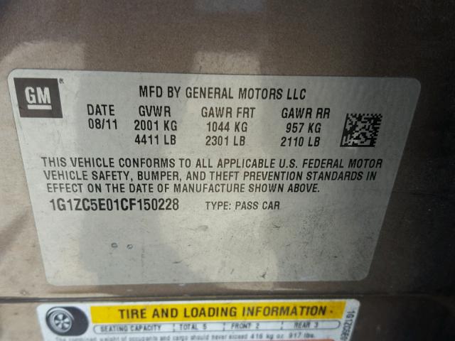 1G1ZC5E01CF150228 - 2012 CHEVROLET MALIBU 1LT 石墨色 照片 10