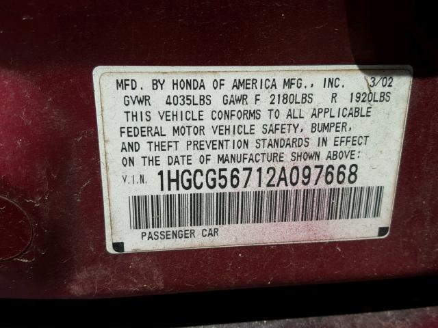 1HGCG56712A097668 - 2002 HONDA ACCORD SE RED photo 10