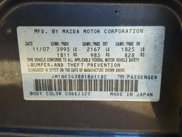 JM1BK343881861182 - 2008 MAZDA 3 HATCHBAC GRAY photo 10