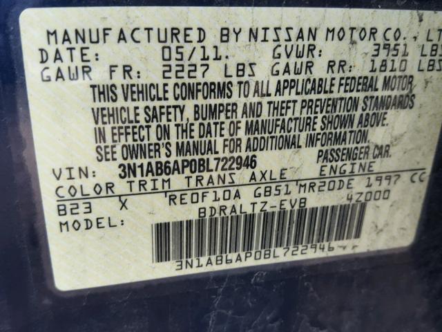 3N1AB6AP0BL722946 - 2011 NISSAN SENTRA 2.0 BLUE photo 10