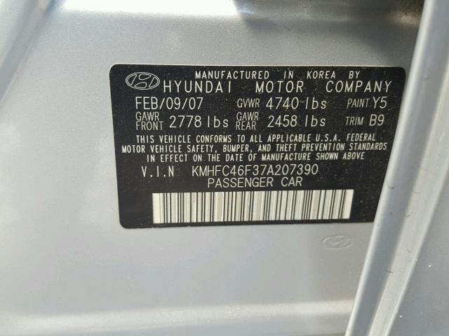 KMHFC46F37A207390 - 2007 HYUNDAI AZERA SE SILVER photo 10