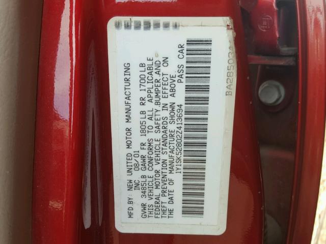 1Y1SK52802Z413694 - 2002 CHEVROLET GEO PRIZM 红色 照片 10