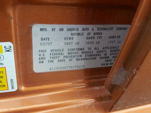 KL1TD56677B175216 - 2007 CHEVROLET AVEO BASE Narıncı foto 10