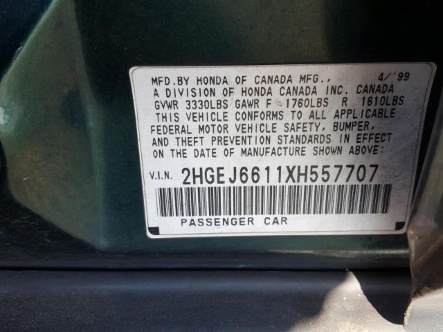 2HGEJ6611XH557707 - 1999 HONDA CIVIC BASE GREEN photo 10
