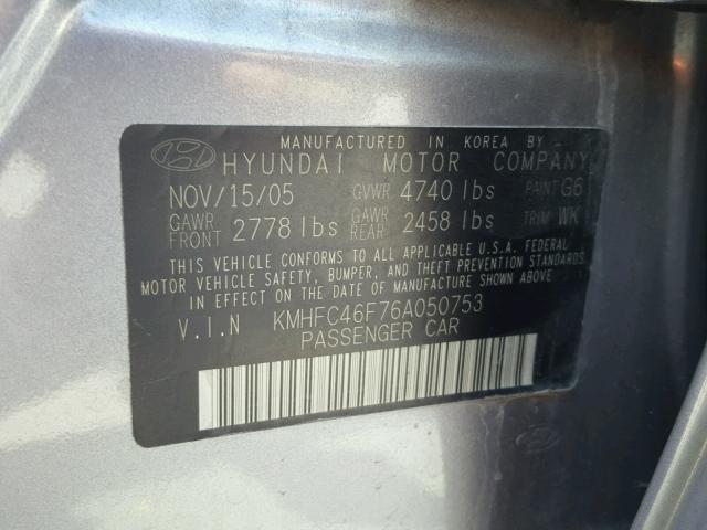 KMHFC46F76A050753 - 2006 HYUNDAI AZERA SE GRAY photo 10