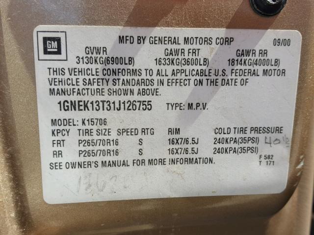 1GNEK13T31J126755 - 2001 CHEVROLET TAHOE K150 GOLD photo 10