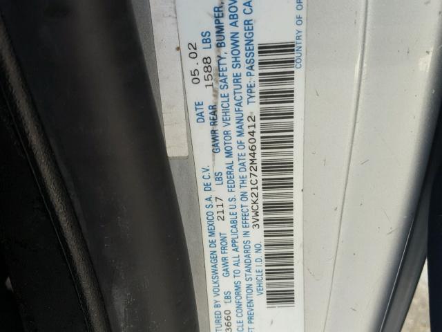 3VWCK21C72M460412 - 2002 VOLKSWAGEN NEW BEETLE 银色 照片 10