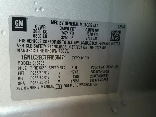 1GNLC2EC7FR568471 - 2015 CHEVROLET TAHOE POLI SILVER photo 10