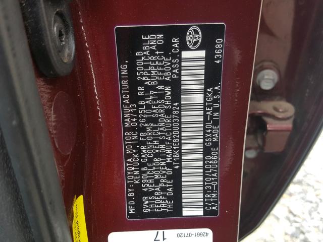 4T1BK1EB2DU037824 - 2013 TOYOTA AVALON BAS RED photo 10