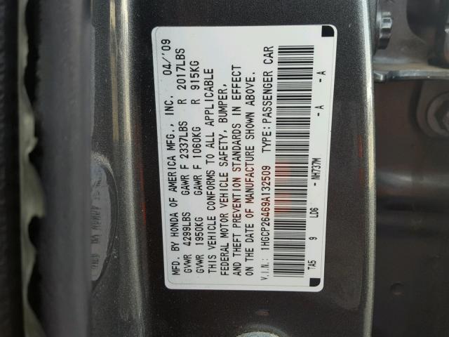 1HGCP26469A132509 - 2009 HONDA ACCORD LXP GRAY photo 10