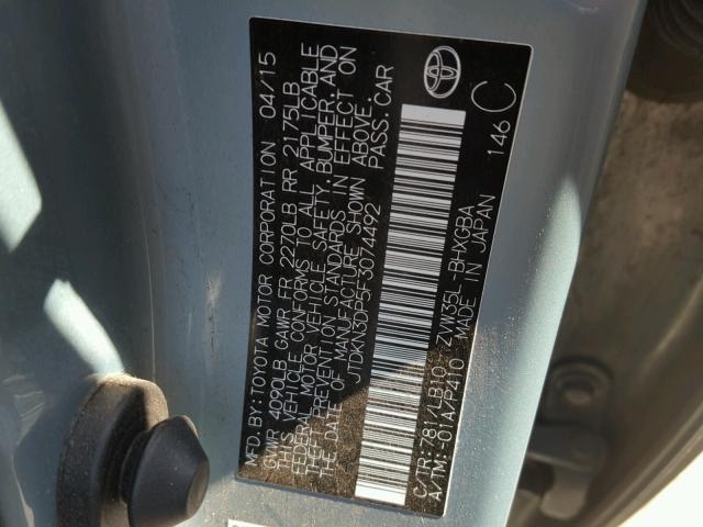 JTDKN3DP5F3074492 - 2015 TOYOTA PRIUS PLUG TEAL photo 10