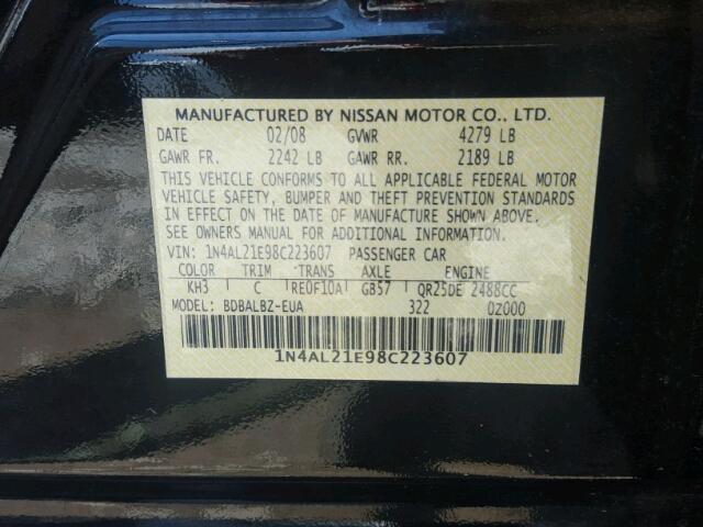 1N4AL21E98C223607 - 2008 NISSAN ALTIMA 2.5 BLACK photo 10