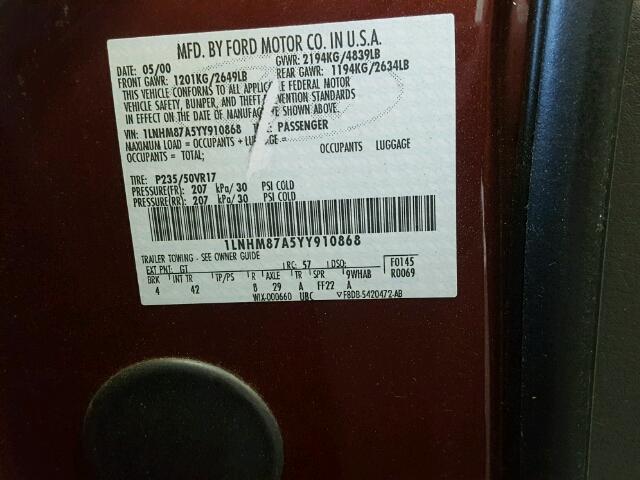 1LNHM87A5YY910868 - 2000 LINCOLN LS 栗色 照片 10