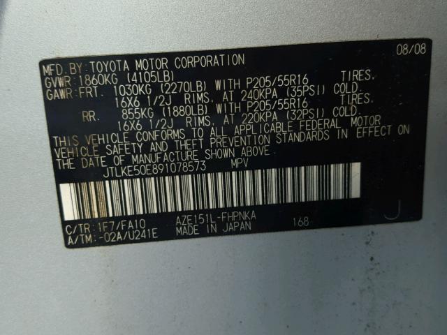 JTLKE50E891078573 - 2009 TOYOTA SCION XB SILVER photo 10