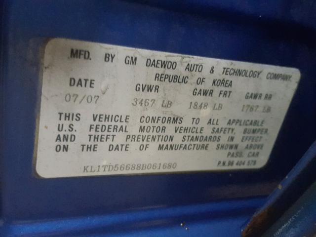 KL1TD56688B061680 - 2008 CHEVROLET AVEO BASE Mavi foto 10