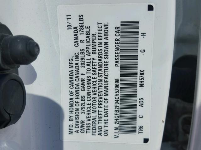 2HGFB2F94CH529698 - 2012 HONDA CIVIC EXL WHITE photo 10