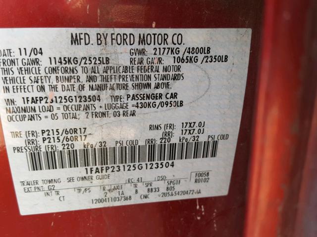 1FAFP23125G123504 - 2005 FORD FIVE HUNDR RED photo 10