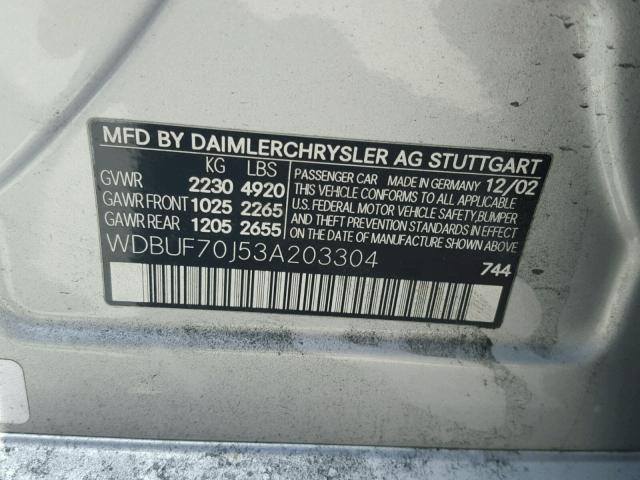 WDBUF70J53A203304 - 2003 MERCEDES-BENZ E 500 SILVER photo 10