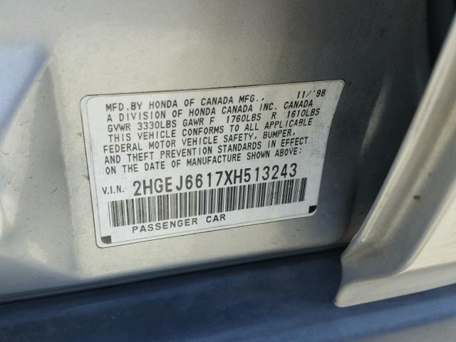 2HGEJ6617XH513243 - 1999 HONDA CIVIC BASE SILVER photo 10