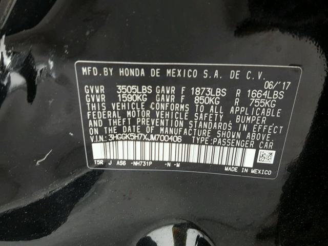 3HGGK5H7XJM700406 - 2018 HONDA FIT EX BLACK photo 10