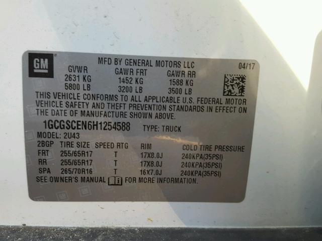 1GCGSCEN6H1254588 - 2017 CHEVROLET COLORADO L WHITE photo 10