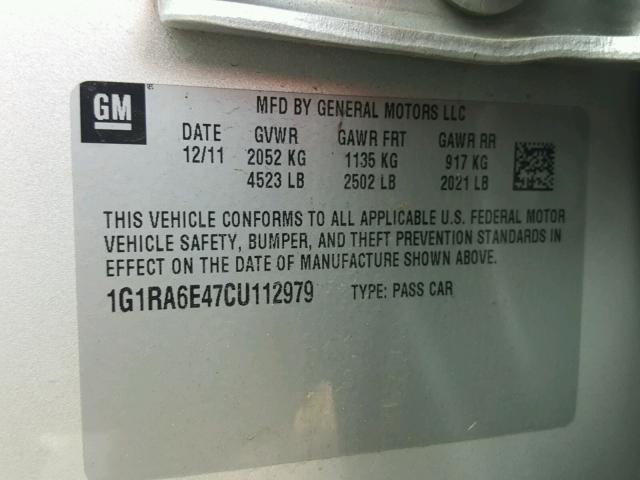 1G1RA6E47CU112979 - 2012 CHEVROLET VOLT SILVER photo 10