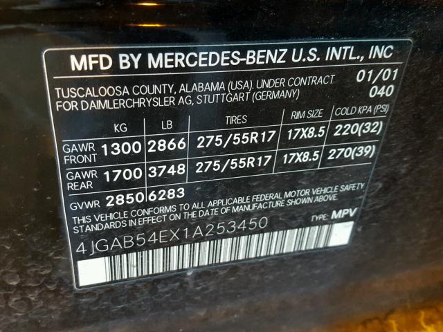 4JGAB54EX1A253450 - 2001 MERCEDES-BENZ ML 320 BLACK photo 10