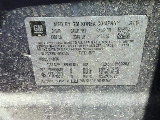 KL7CJRSB7FB195585 - 2015 CHEVROLET TRAX GRAY photo 10