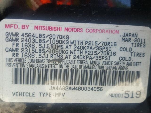 JA4AS2AW4BU034056 - 2011 MITSUBISHI OUTLANDER BLACK photo 10