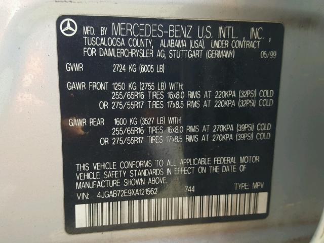 4JGAB72E9XA121562 - 1999 MERCEDES-BENZ ML 430 银色 照片 10