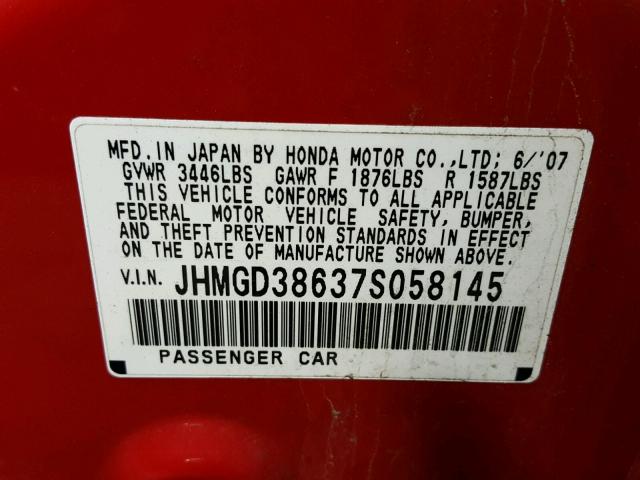 JHMGD38637S058145 - 2007 HONDA FIT S RED photo 10