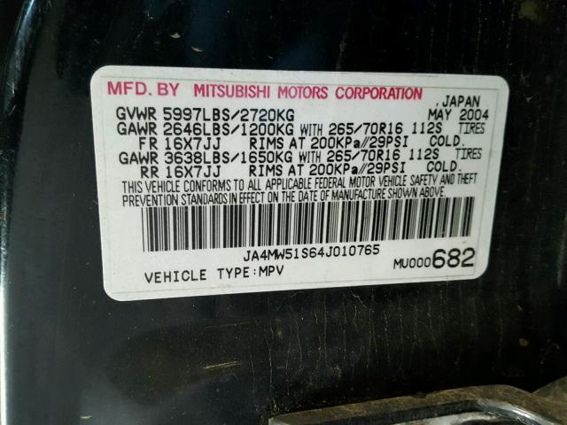 JA4MW51S64J010765 - 2004 MITSUBISHI MONTERO LI BLACK photo 10