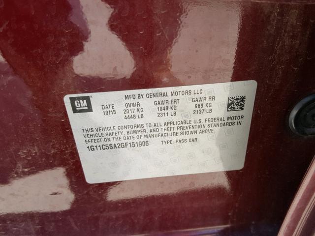 1G11C5SA2GF151906 - 2016 CHEVROLET MALIBU LIM 红色 照片 10