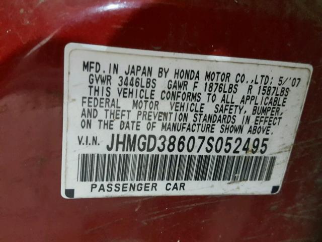 JHMGD38607S052495 - 2007 HONDA FIT S წითელი ფოტო 10
