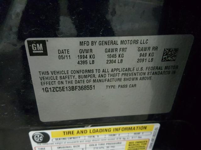 1G1ZC5E13BF368551 - 2011 CHEVROLET MALIBU 1LT 蓝色 照片 10